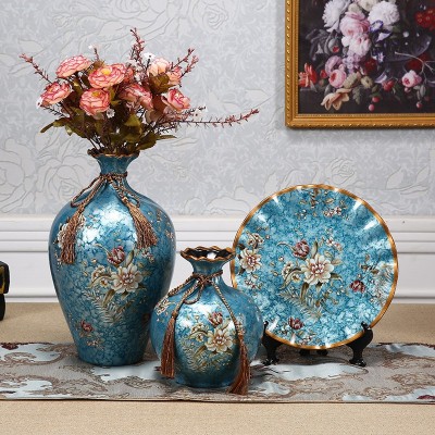 欧式轻奢玄关陶瓷彩绘工艺摆件花瓶三件套家居客厅橱柜家居装饰品