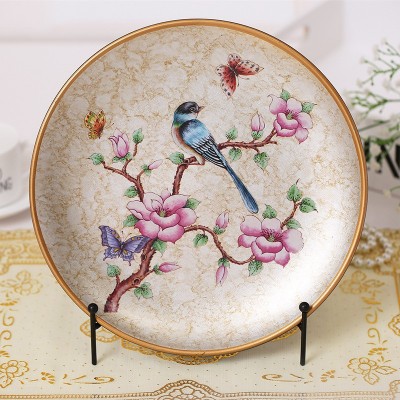 欧式花鸟彩绘工艺陶瓷摆盘新中式家具装饰摆件