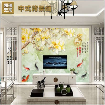 中式现代背景墙 客厅沙发3D装饰墙 彩雕玉兰电视背景墙000039