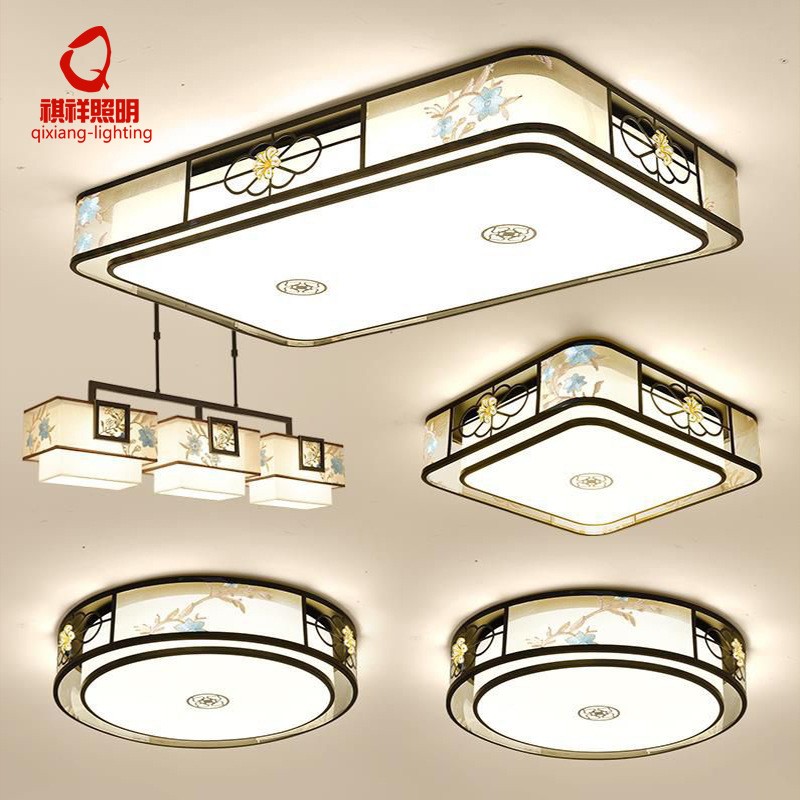 新中式LED客厅吸顶灯中国风刺绣布艺卧室房间照明灯套餐灯具批发图1