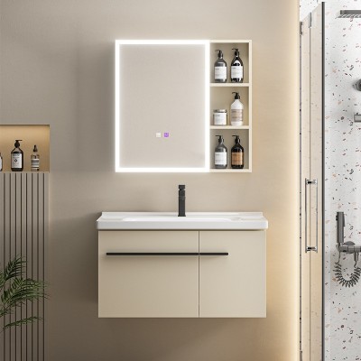 奶油风加厚蜂窝铝浴室柜陶瓷一体盆卫生间智能美妆镜洗手台卫浴柜