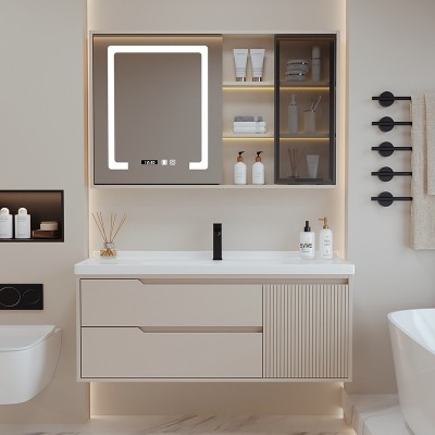 奶油风现代简约橡胶木烤漆门板卫浴柜洗漱台陶瓷一体盆浴室柜组合