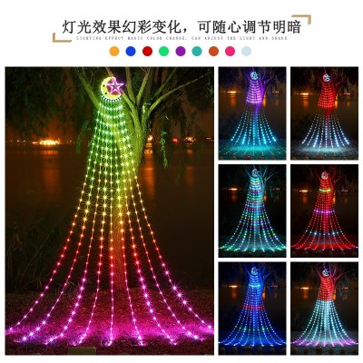 跨境LED幻彩月亮五角星瀑布灯 RGB七彩流水圣诞庭院装饰流水灯串