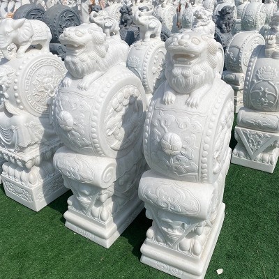 汉白玉狮子抱鼓石 石雕大象抱鼓石 石雕门墩一对仿古青石招财貔貅图2