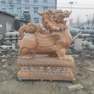 汉白玉貔貅石雕摆件园林别墅门口一对动物装饰晚霞红神兽麒麟一对图3