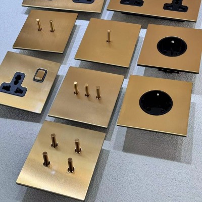 极简现代风拨杆开关插座金属拉丝不锈钢面板复古金色直角英标146