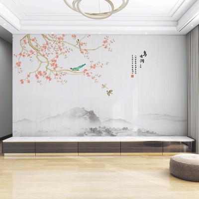 梦硕3d新中式花鸟山水客厅电视背景墙壁画卧室无缝墙布影视墙壁布图3