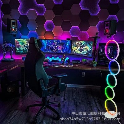 跨境创意led圆圈简约落地灯客厅卧室现代暖光触摸调光五环落地灯图3