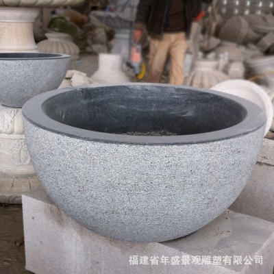 石材花钵现货　福建花岗岩芝麻灰雕刻大花盆水缸园林庭院景观摆件图2