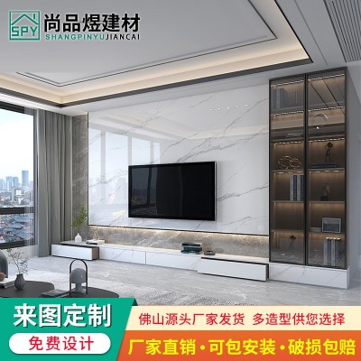 岩板电视背景墙网红现代简约大理石悬空电视柜轻奢瓷砖影视墙造型