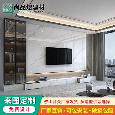 岩板电视背景墙网红现代简约大理石悬空电视柜轻奢瓷砖影视墙造型图2