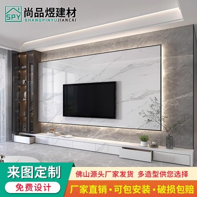 岩板电视背景墙网红现代简约大理石悬空电视柜轻奢瓷砖影视墙造型图3