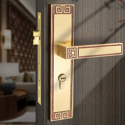 新中式纯铜门锁室内家用静音房门锁具全铜卧室实木双开门把手通用