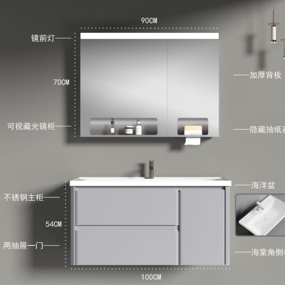 不锈钢主柜双抽带一门独特海棠角搭配超大海洋盆全面镜图4